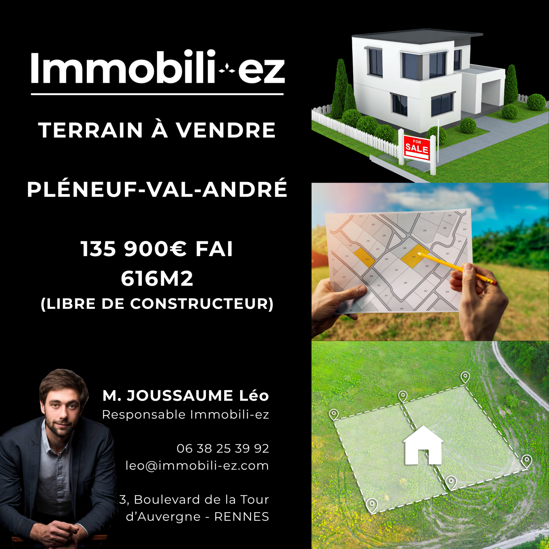 Terrain à bâtir Viabilisé - 616m2 - Plurien Centre à 1.5km de la mer