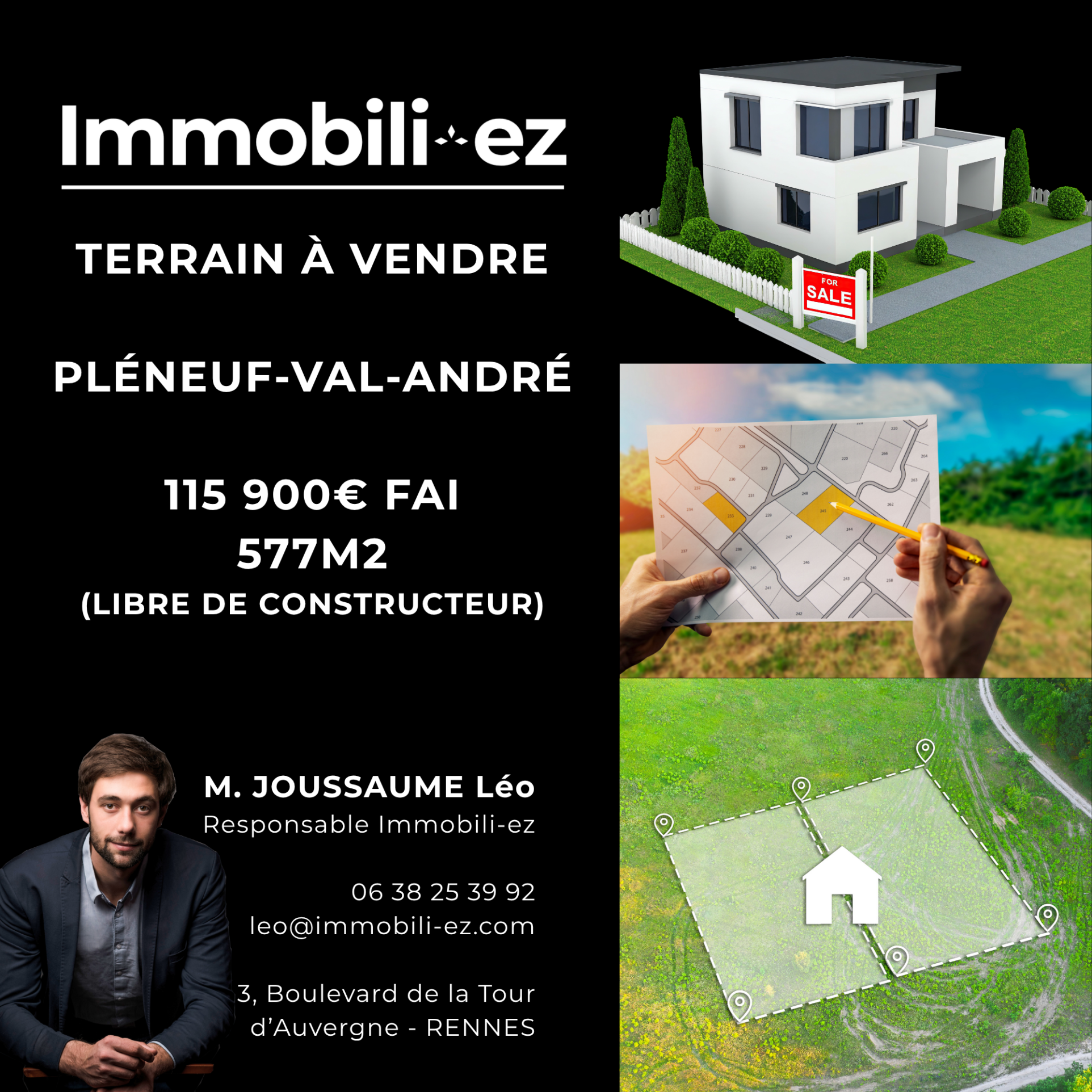 Terrain à bâtir - 577m2 - PLURIEN CENTRE - 1.5km de la mer